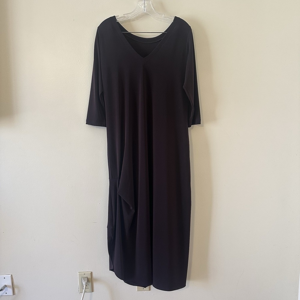 Sympli Womens Brown Purple Kaftan Maxi Drama Dress V Neck 3/4 Sleeve Size 10